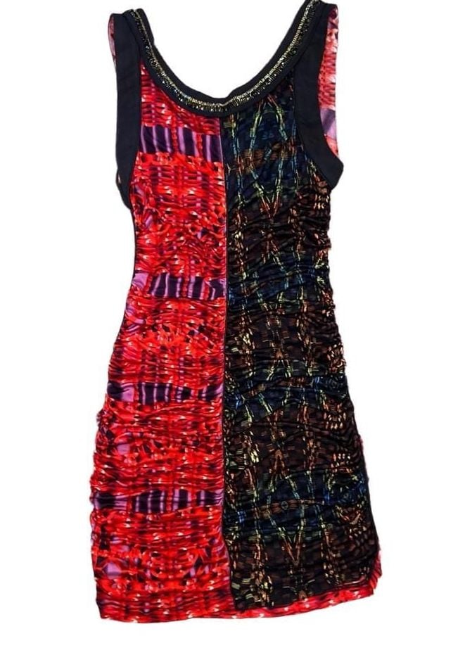 Custo Line Custo Barcelona Vintage Y2K Red Black Ruched Mini Dress Gold Trim 6