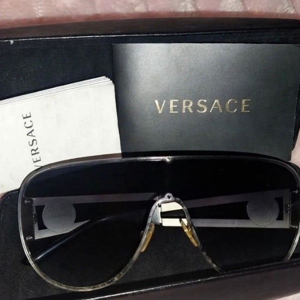 Versace VE 2166 Shield Frame Sunglasses Gold Black Grey Fade