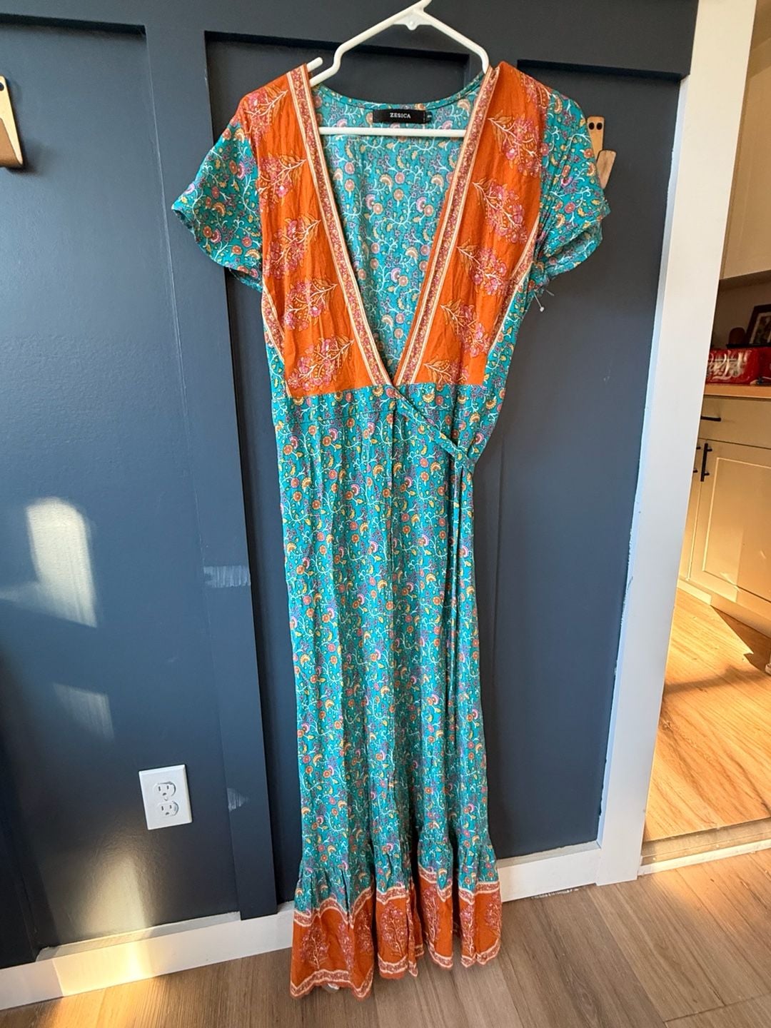 ZESICA Boho Floral Maxi Dress Size S Teal Orange Wrap V-Neck Short Sleeve 2