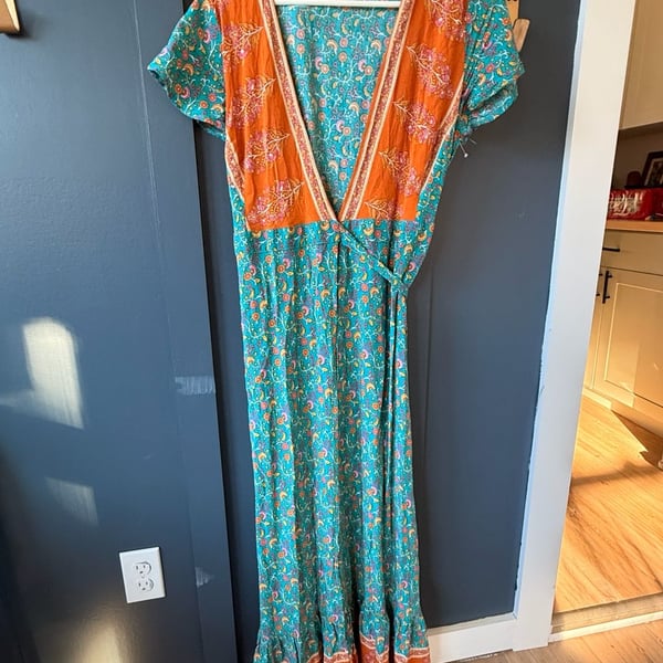 ZESICA Boho Floral Maxi Dress Size S Teal Orange Wrap V-Neck Short Sleeve