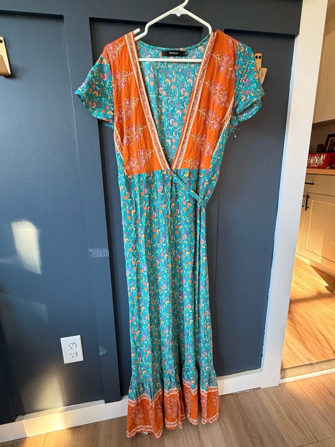 ZESICA Boho Floral Maxi Dress Size S Teal Orange Wrap V-Neck Short Sleeve 3