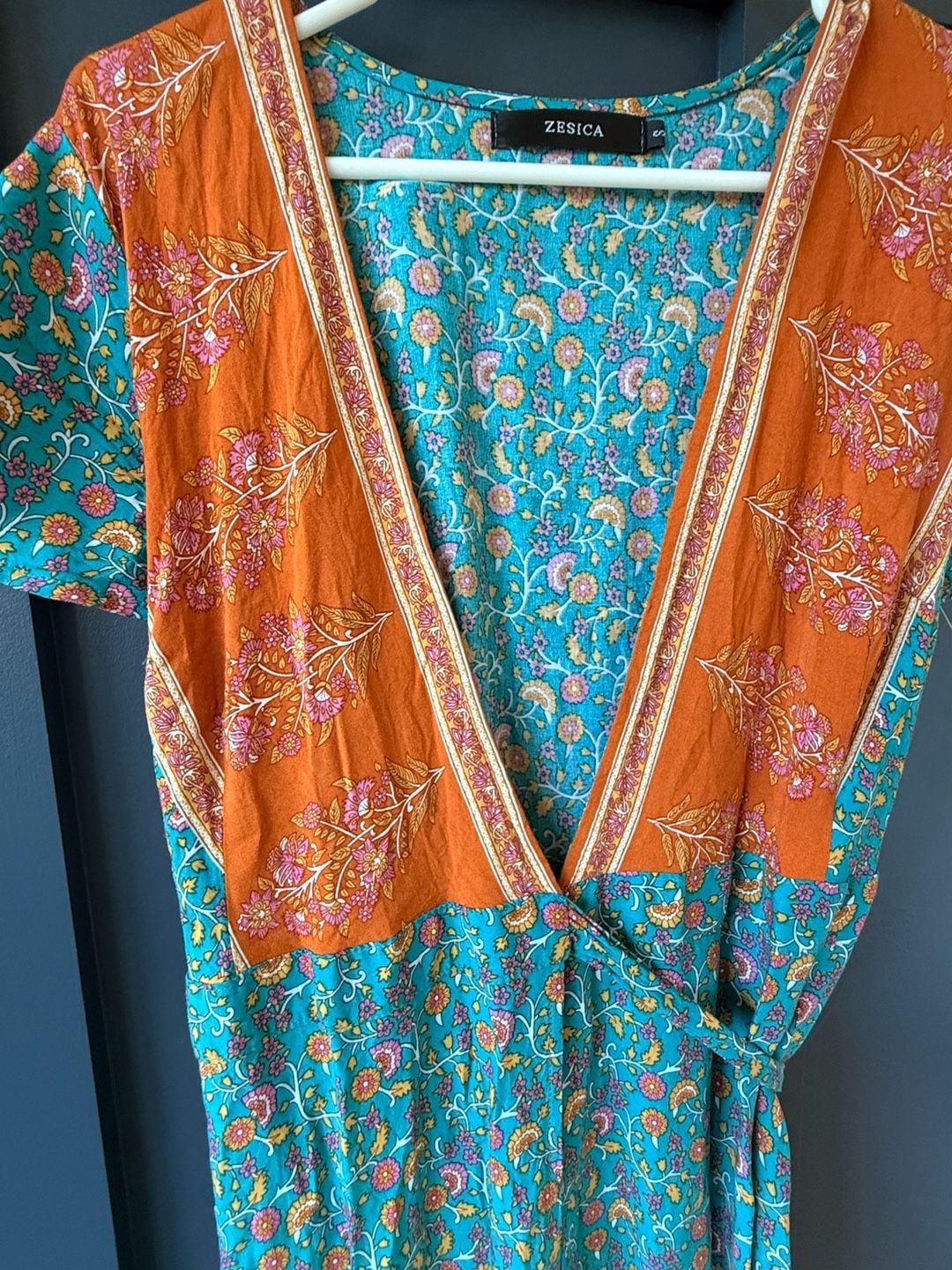 ZESICA Boho Floral Maxi Dress Size S Teal Orange Wrap V-Neck Short Sleeve 4