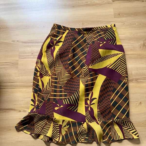 Harve Bernard Tropical Print Ruffle Hem Skirt Size 4 Yellow Brown Purple