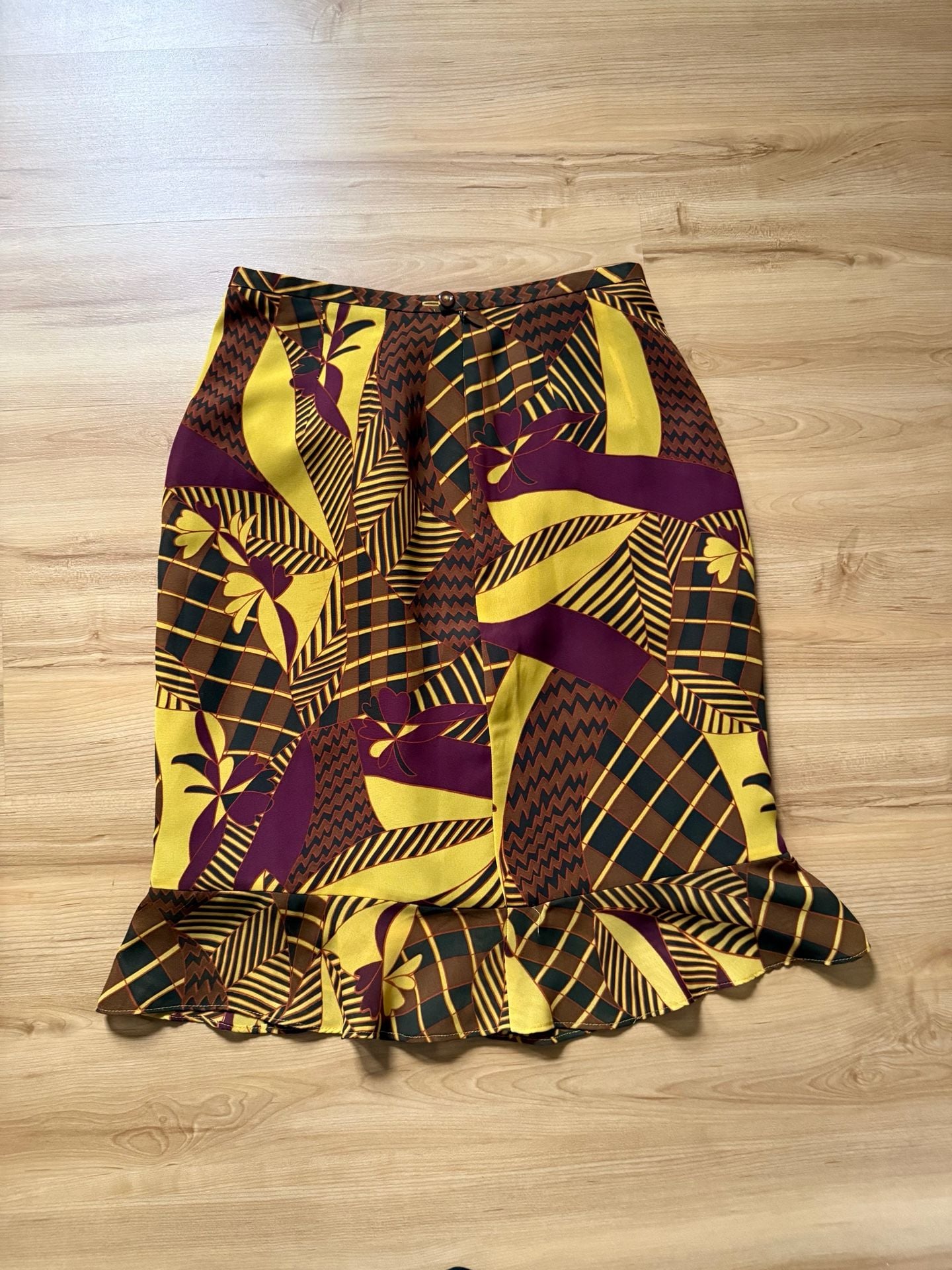 Harve Bernard Tropical Print Ruffle Hem Skirt Size 4 Yellow Brown Purple 4