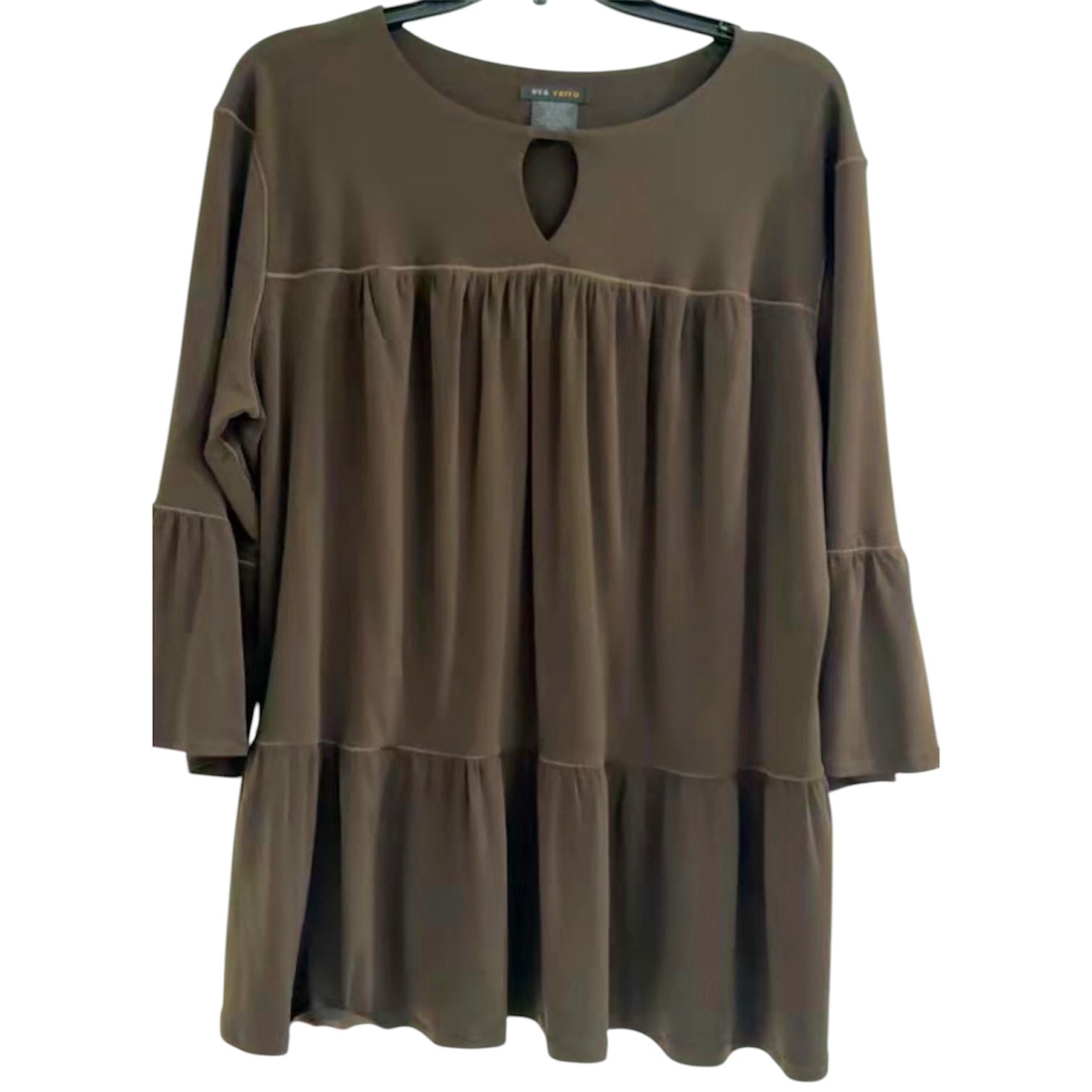 Eva Varro Slinky Knit Tiered Tunic Keyhole Top Bell Sleeve Chocolate Brown XL 2