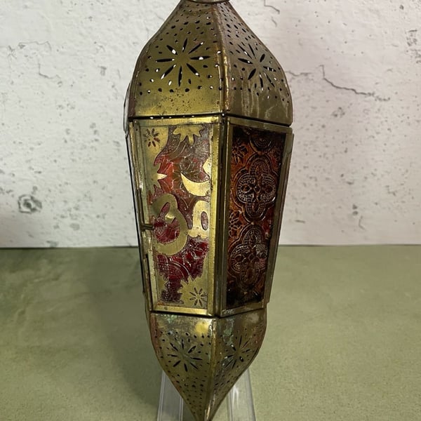 Moroccan Style Brass and Glass Hanging Lantern with Red and Gold Accents