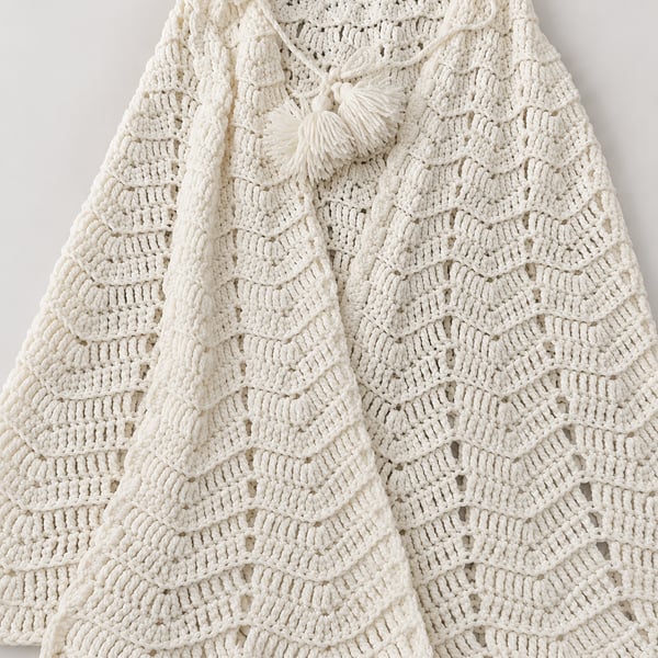 Hand Crochet Cream Chunky Crochet Poncho Cape Wrap with Tassel Tie Boho Style