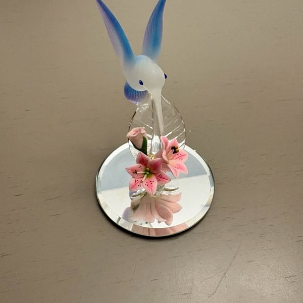 Glass Baron Hummingbird Figurine with Flowers and Mirrored Base
