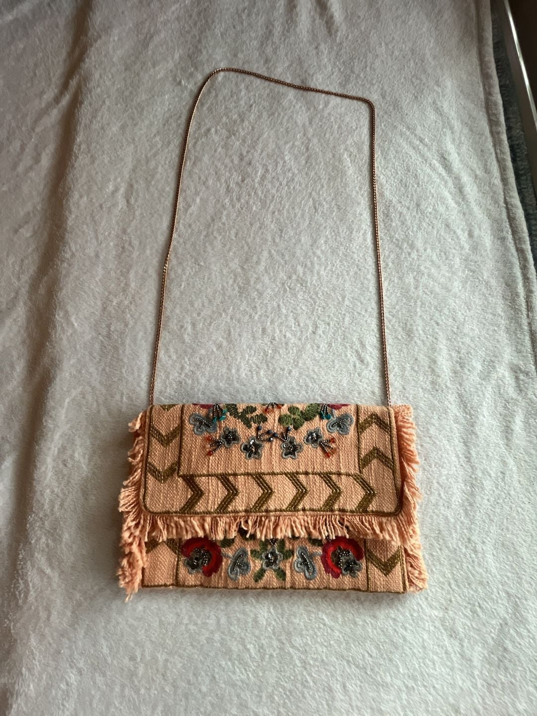 Handmade Floral Embroidered Fringe Clutch Crossbody Bag Made in India 2