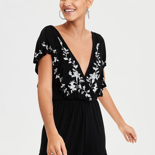 American Eagle Outfitters Black Floral Embroidered Romper with Ruffles