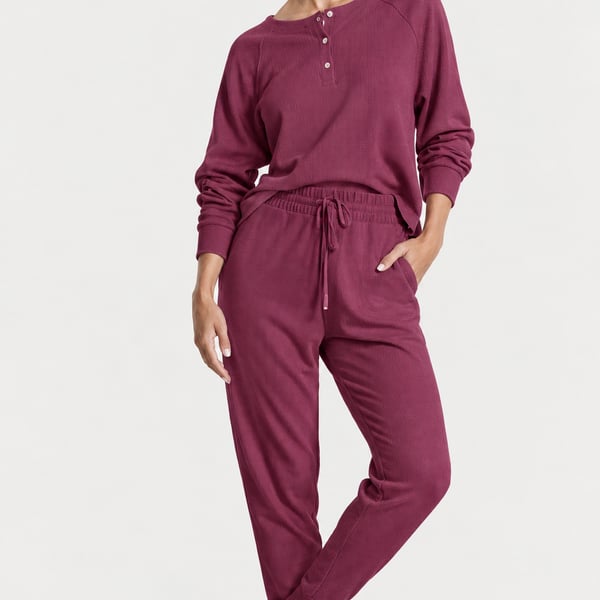 Victoria's Secret Glow Waffle Henley Jogger Pajama Set Size M Short Maroon 