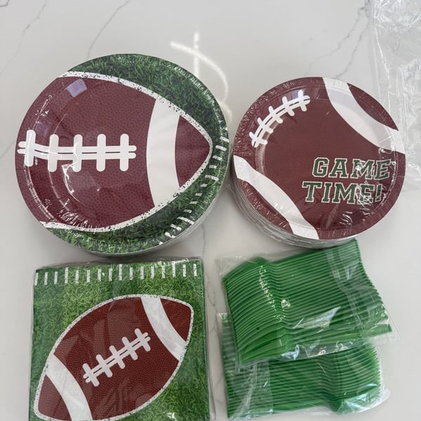 200 Pack Football Theme Disposable Paper Plates napkins and forks
