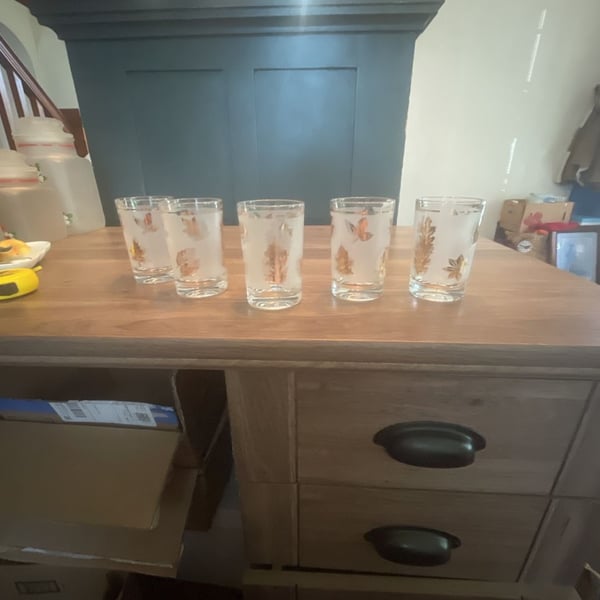Vintage Libby Frosted Juice Glasses with Gold Leaf Design Set of 5