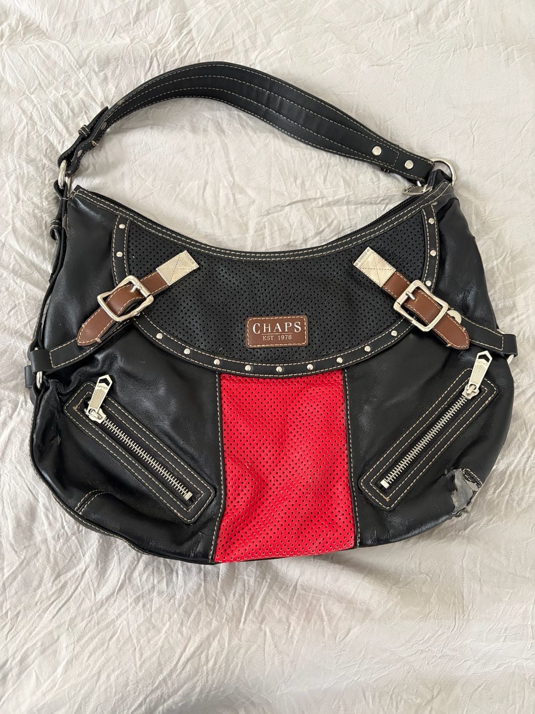 Chaps Black and Red Leather Shoulder Bag with Perforated Panel and Buckles 2