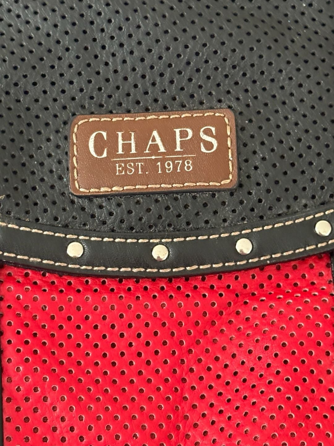 Chaps Black and Red Leather Shoulder Bag with Perforated Panel and Buckles 3