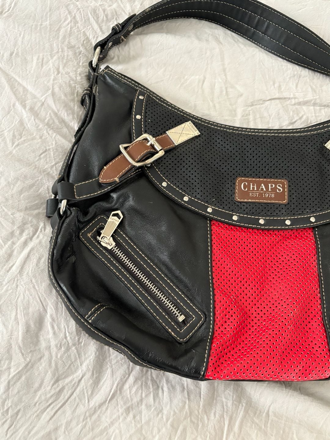 Chaps Black and Red Leather Shoulder Bag with Perforated Panel and Buckles 4