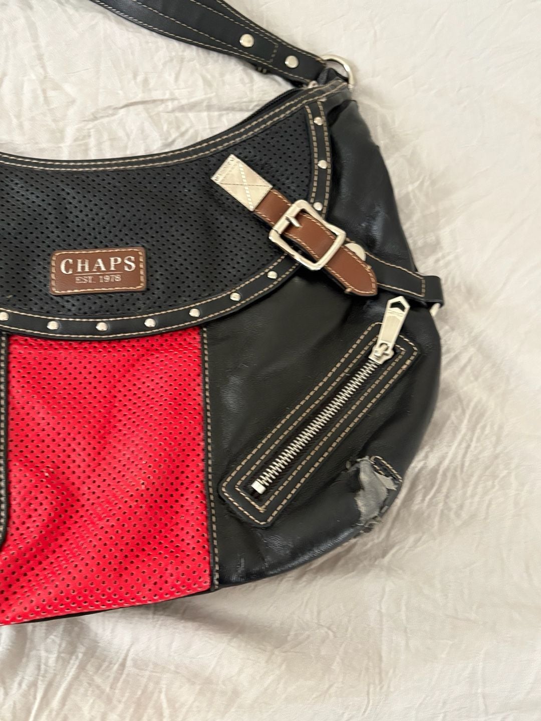 Chaps Black and Red Leather Shoulder Bag with Perforated Panel and Buckles 5