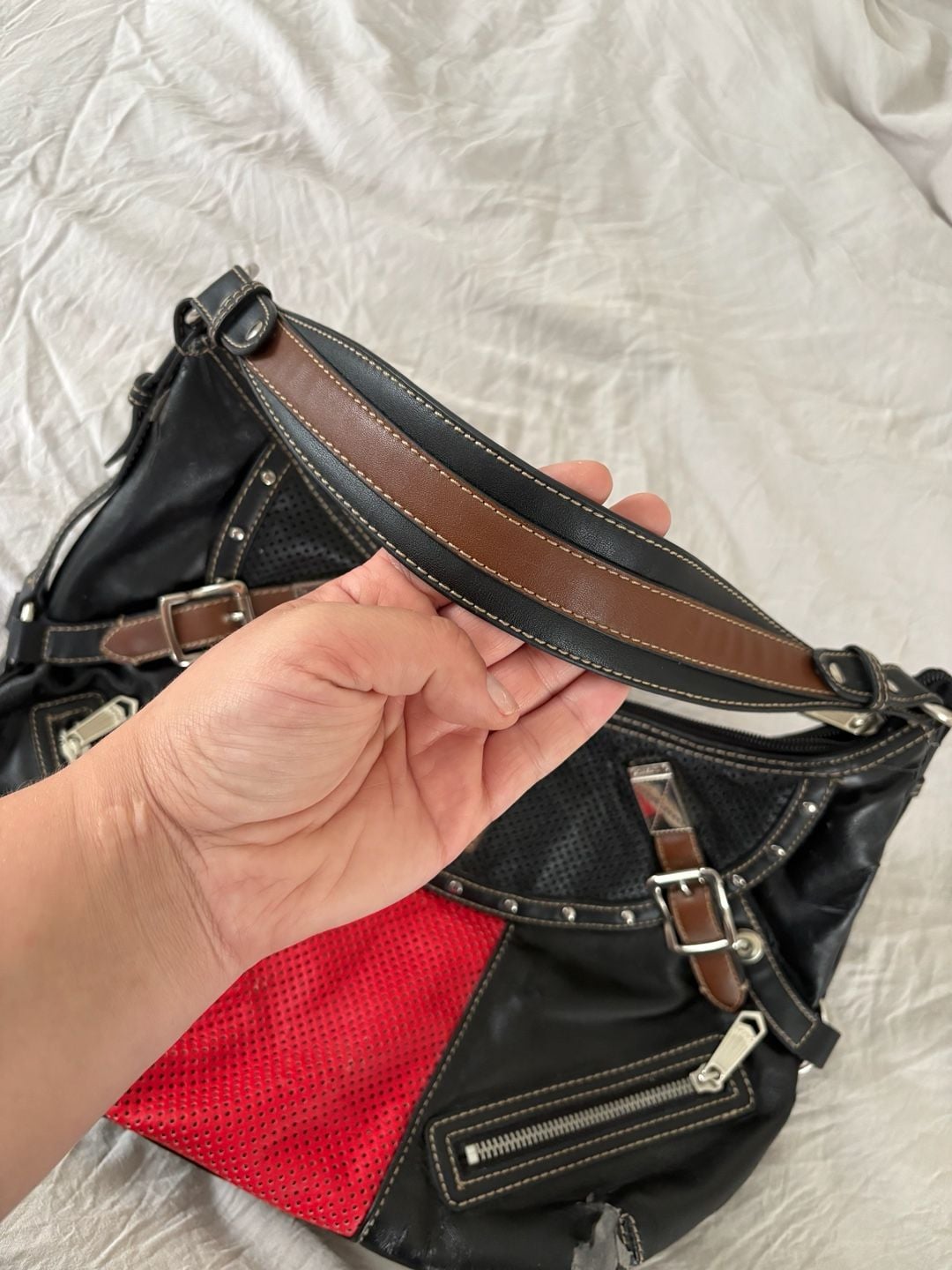 Chaps Black and Red Leather Shoulder Bag with Perforated Panel and Buckles 7