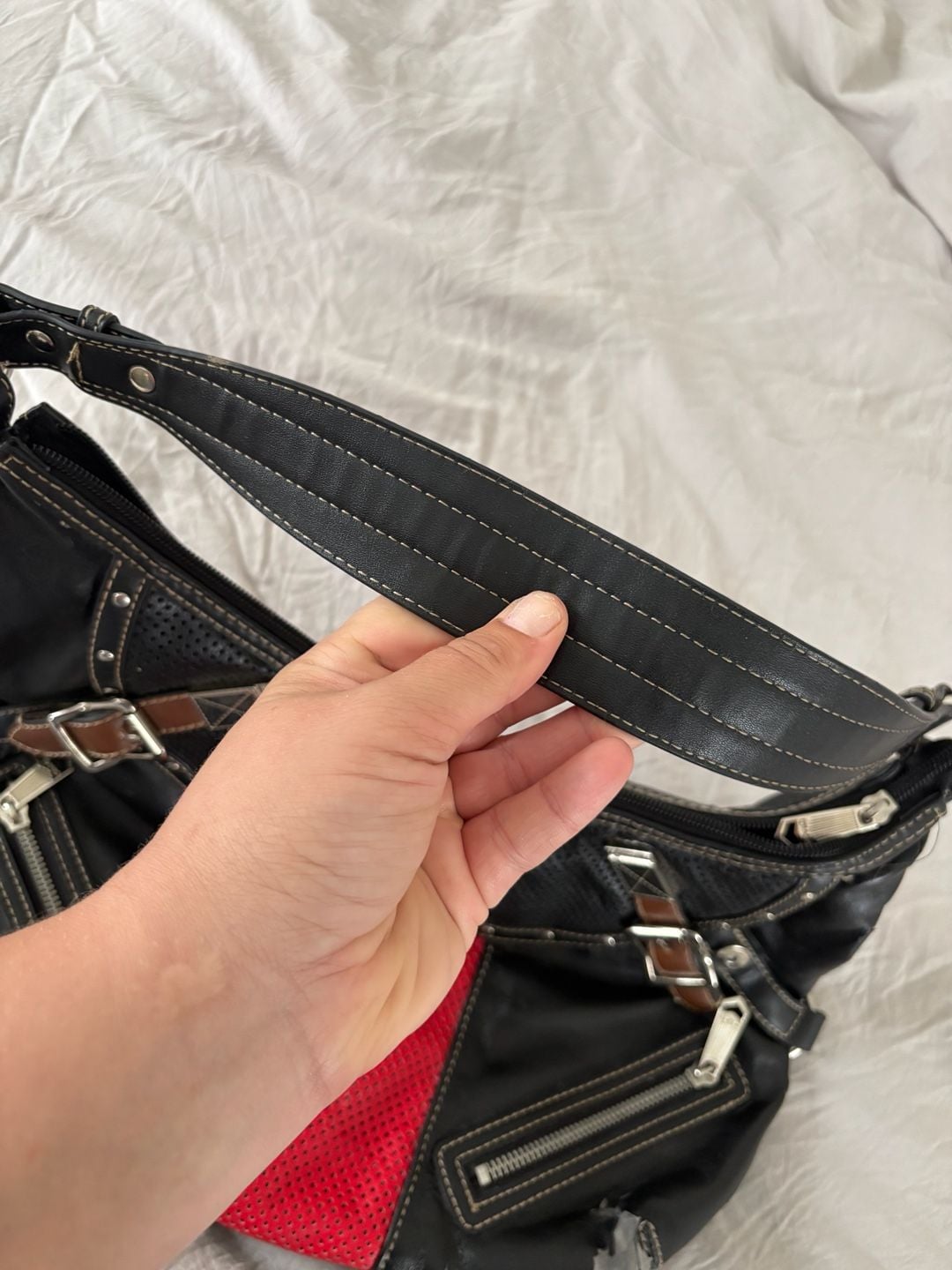 Chaps Black and Red Leather Shoulder Bag with Perforated Panel and Buckles 8