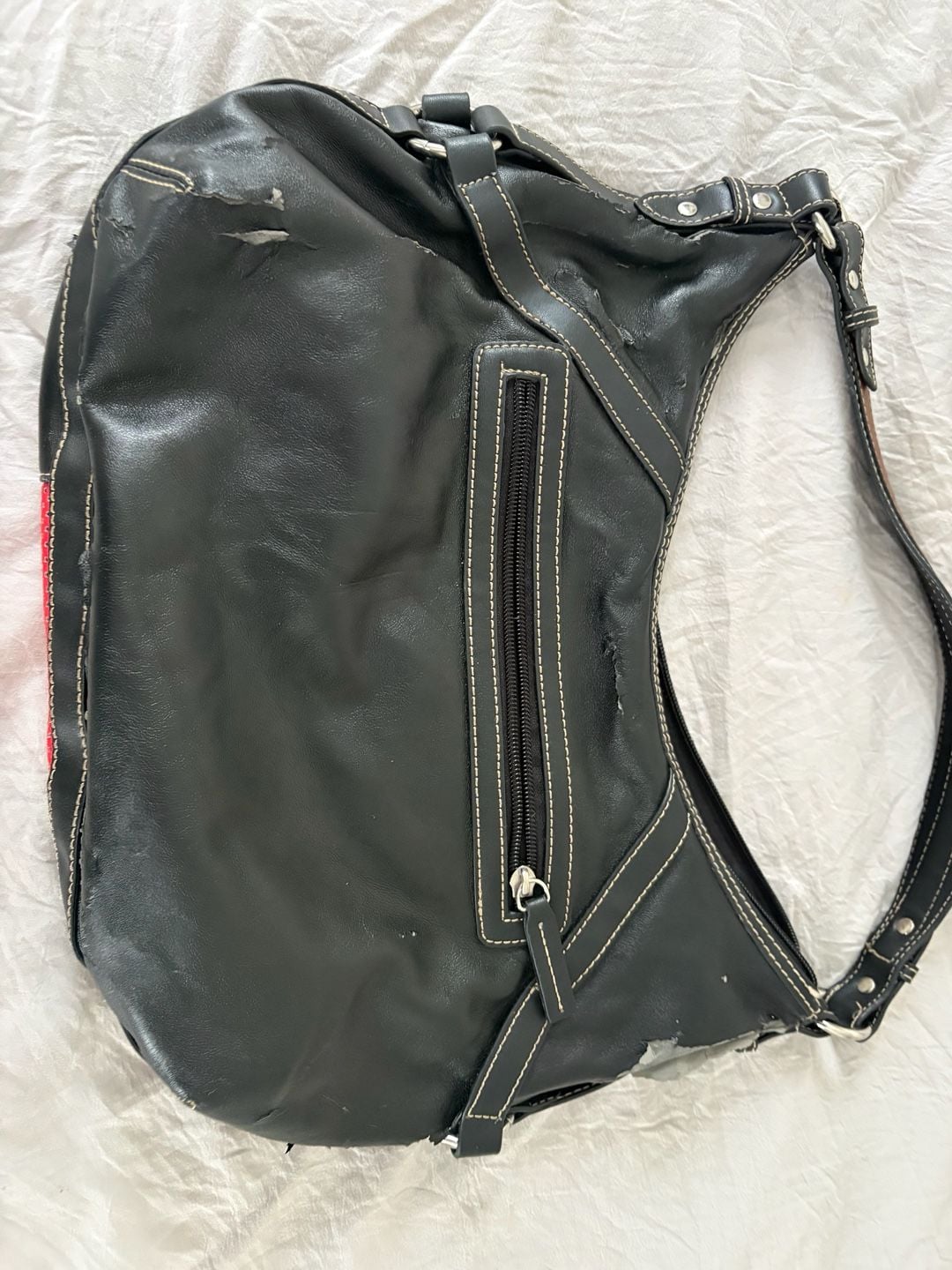 Chaps Black and Red Leather Shoulder Bag with Perforated Panel and Buckles 10
