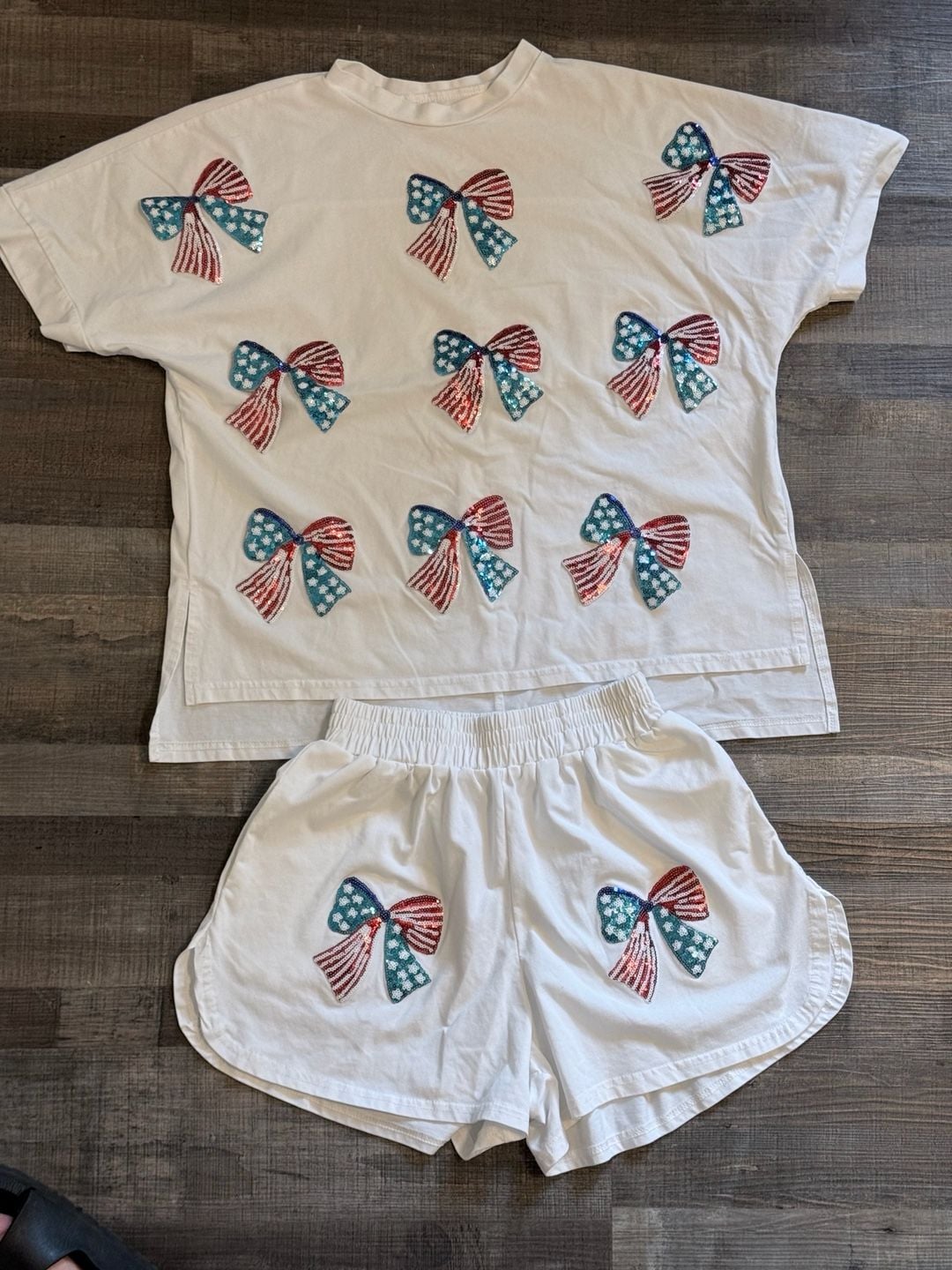 Patriotic Sequin Sparkle Bow Patch T-Shirt And Shorts Set Viscose Small 1