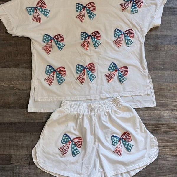 Patriotic Sequin Sparkle Bow Patch T-Shirt And Shorts Set Viscose Small