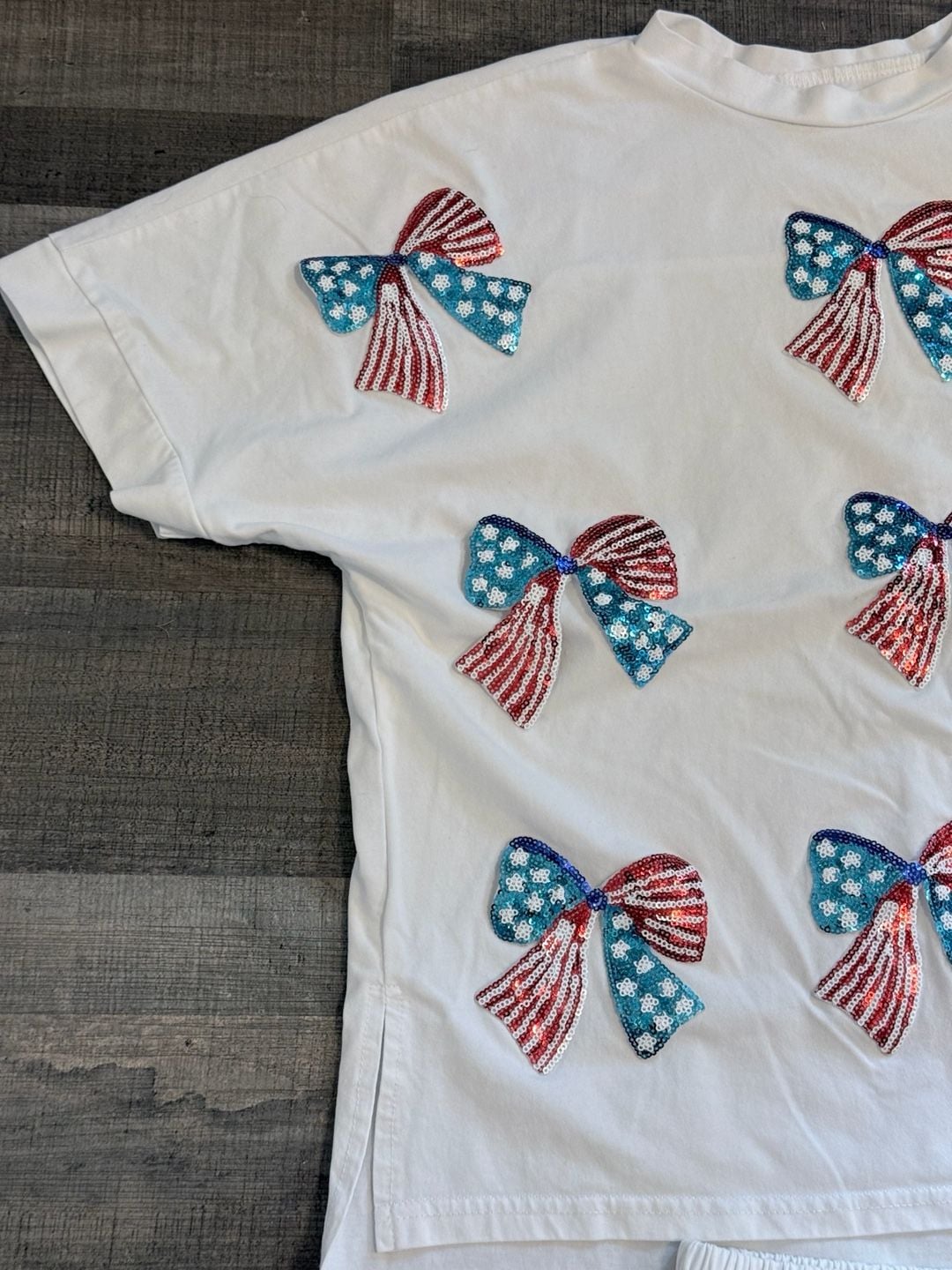 Patriotic Sequin Sparkle Bow Patch T-Shirt And Shorts Set Viscose Small 4