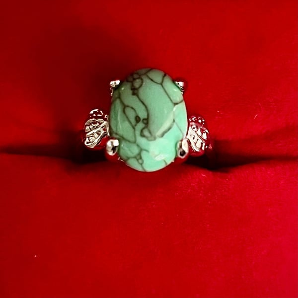 Natural Blue Turquoise Oval Gemstone Ring Titanium Steel Silver  Size 7