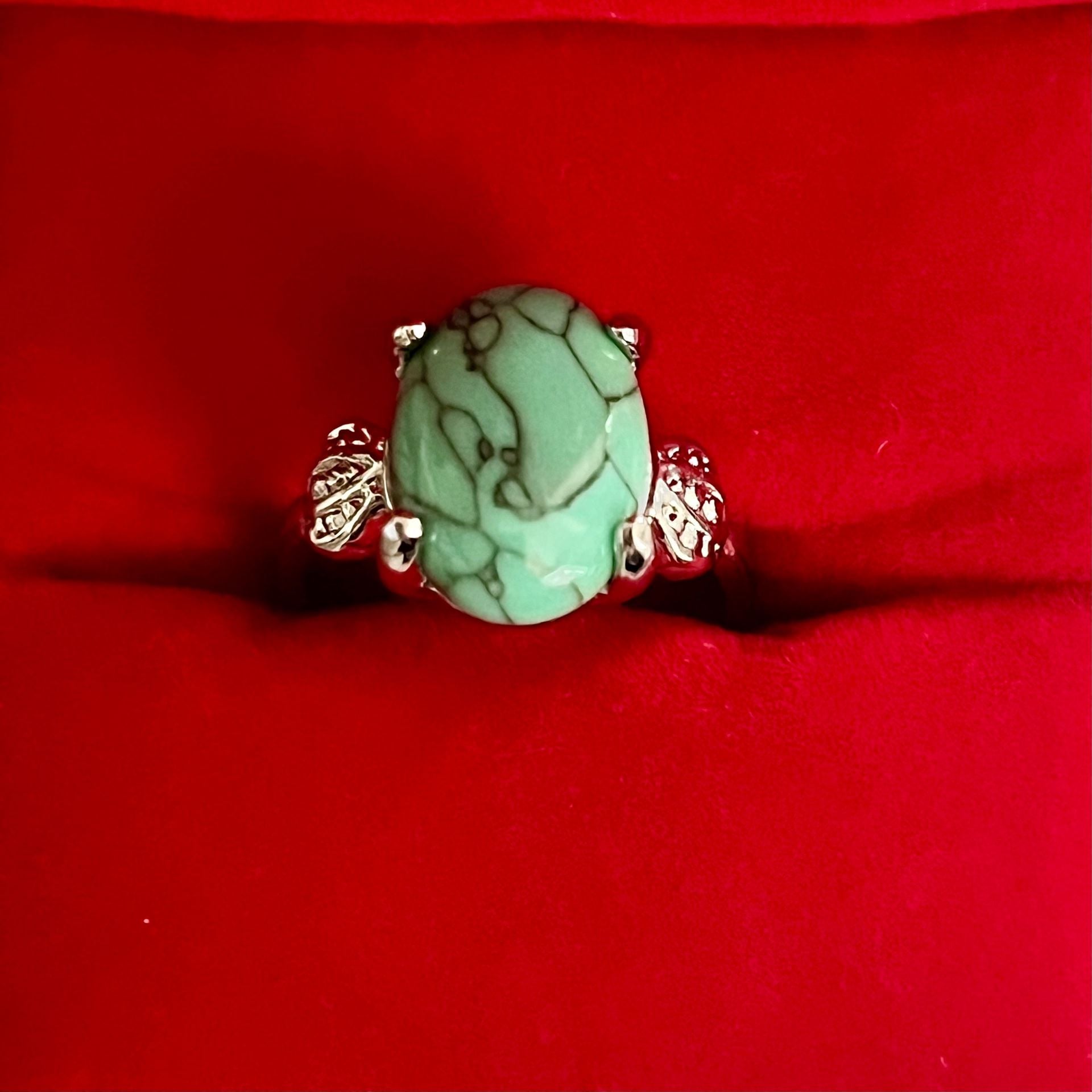 Natural Blue Turquoise Oval Gemstone Ring Titanium Steel Silver Size 7 2