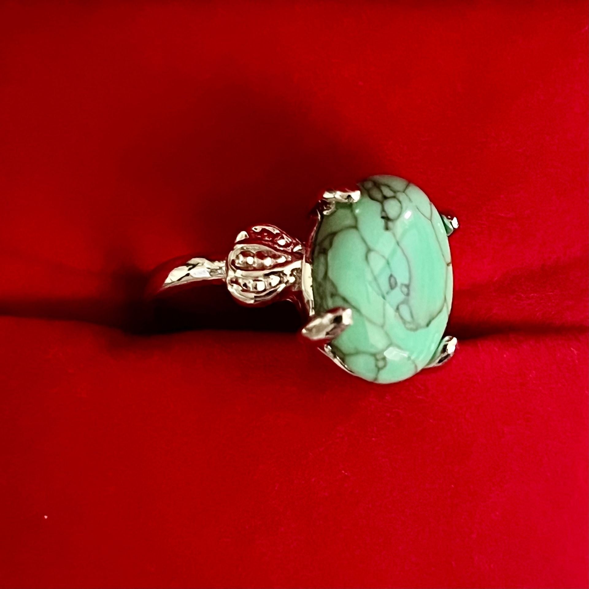 Natural Blue Turquoise Oval Gemstone Ring Titanium Steel Silver Size 7 3