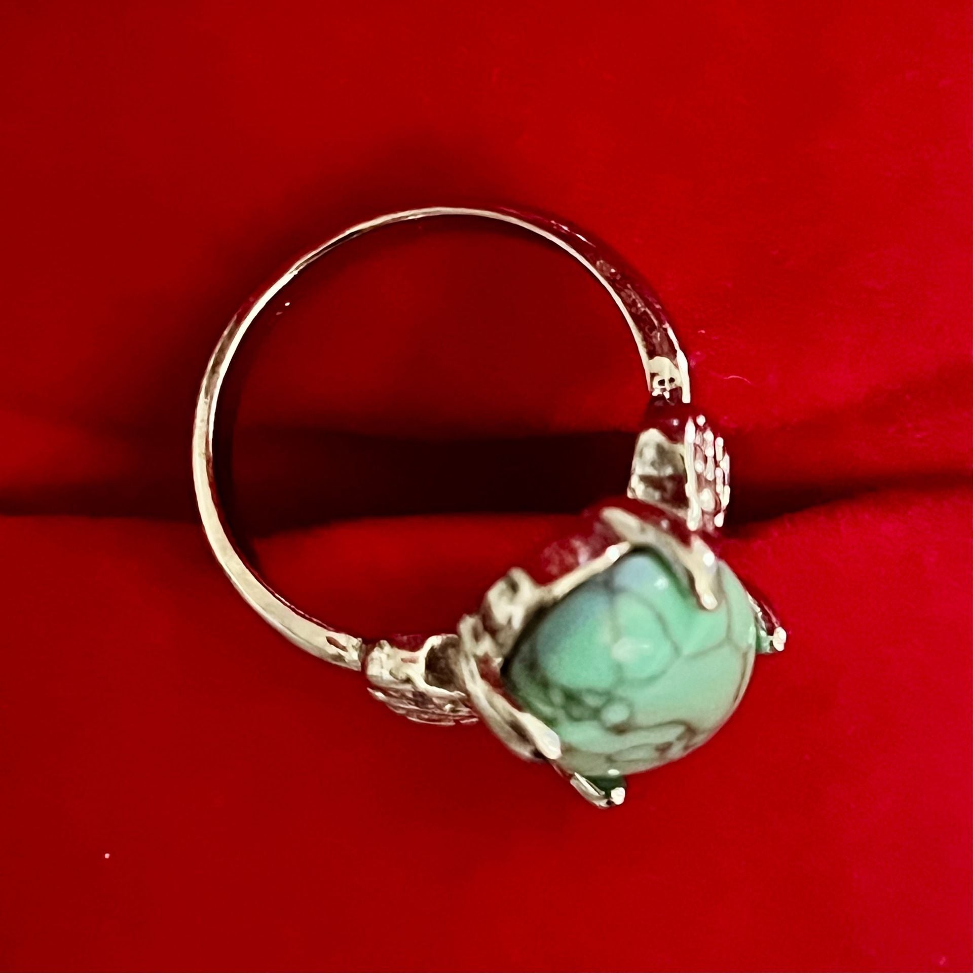 Natural Blue Turquoise Oval Gemstone Ring Titanium Steel Silver Size 7 6