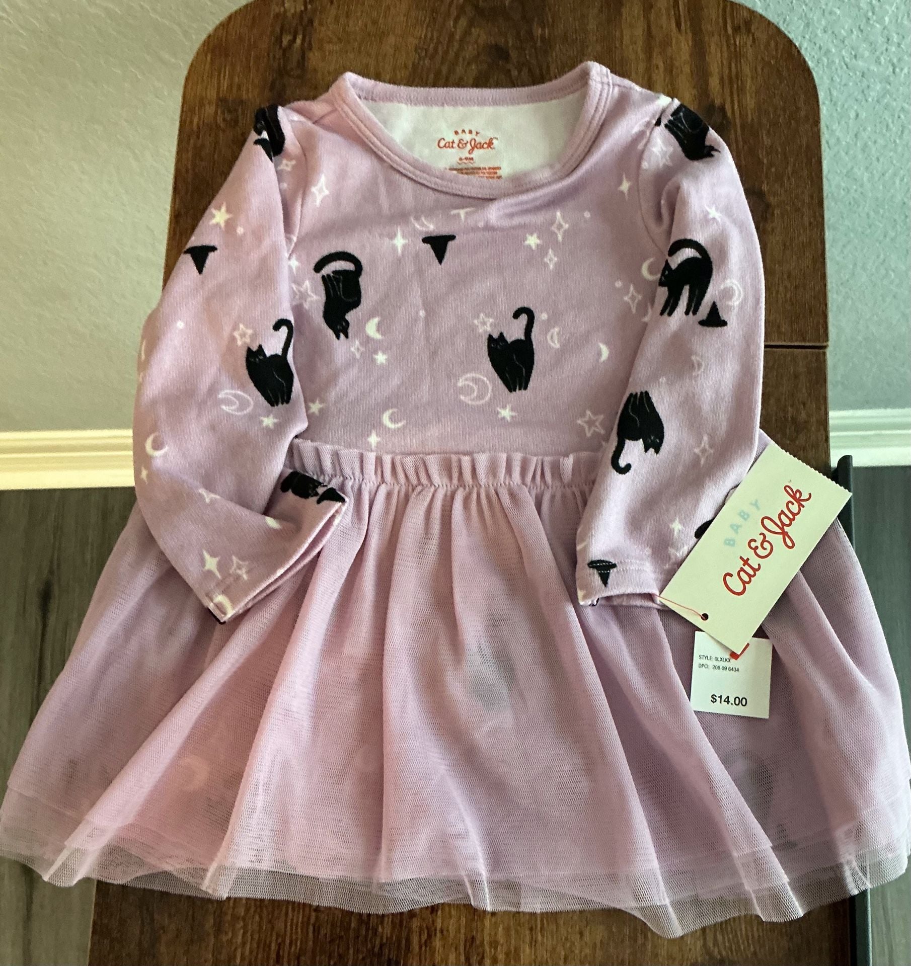 Cat & Jack Halloween Purple Black Cat Print Long Sleeve Dress Size 6M 2