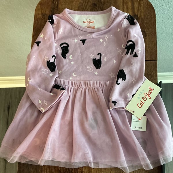 Cat & Jack Halloween Purple Black Cat Print Long Sleeve Dress Size 6M