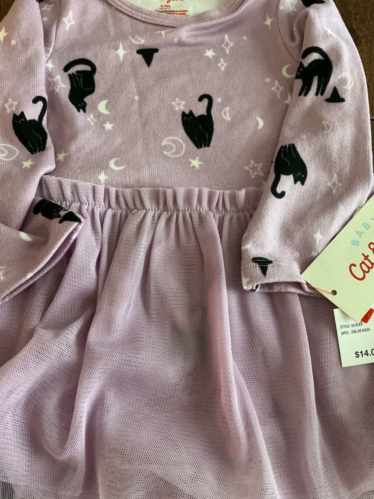 Cat & Jack Halloween Purple Black Cat Print Long Sleeve Dress Size 6M 4