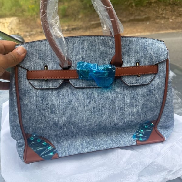 Denim Satchel Handbag with Brown Trim and Studded Accents