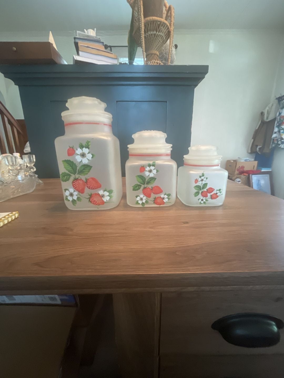 Vintage MCM Anchor Hocking Frosted Strawberry Canister Set of 3 Glass Kitchen Storage Jars 1