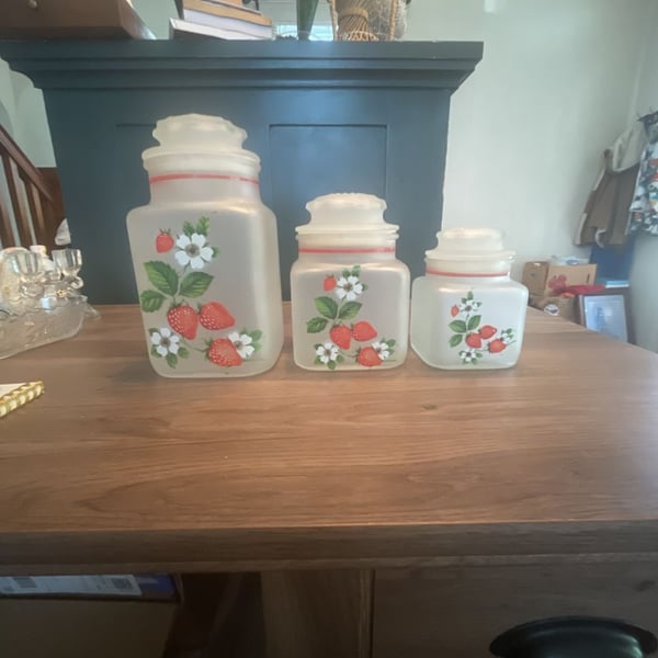 Vintage MCM Anchor Hocking Frosted Strawberry Canister Set of 3 Glass Kitchen Storage Jars