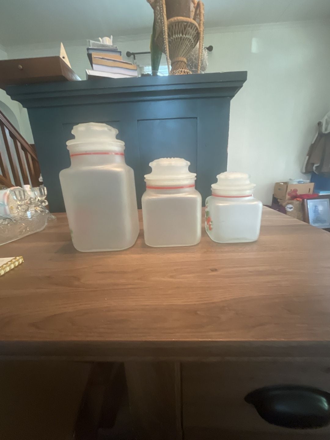 Vintage MCM Anchor Hocking Frosted Strawberry Canister Set of 3 Glass Kitchen Storage Jars 2
