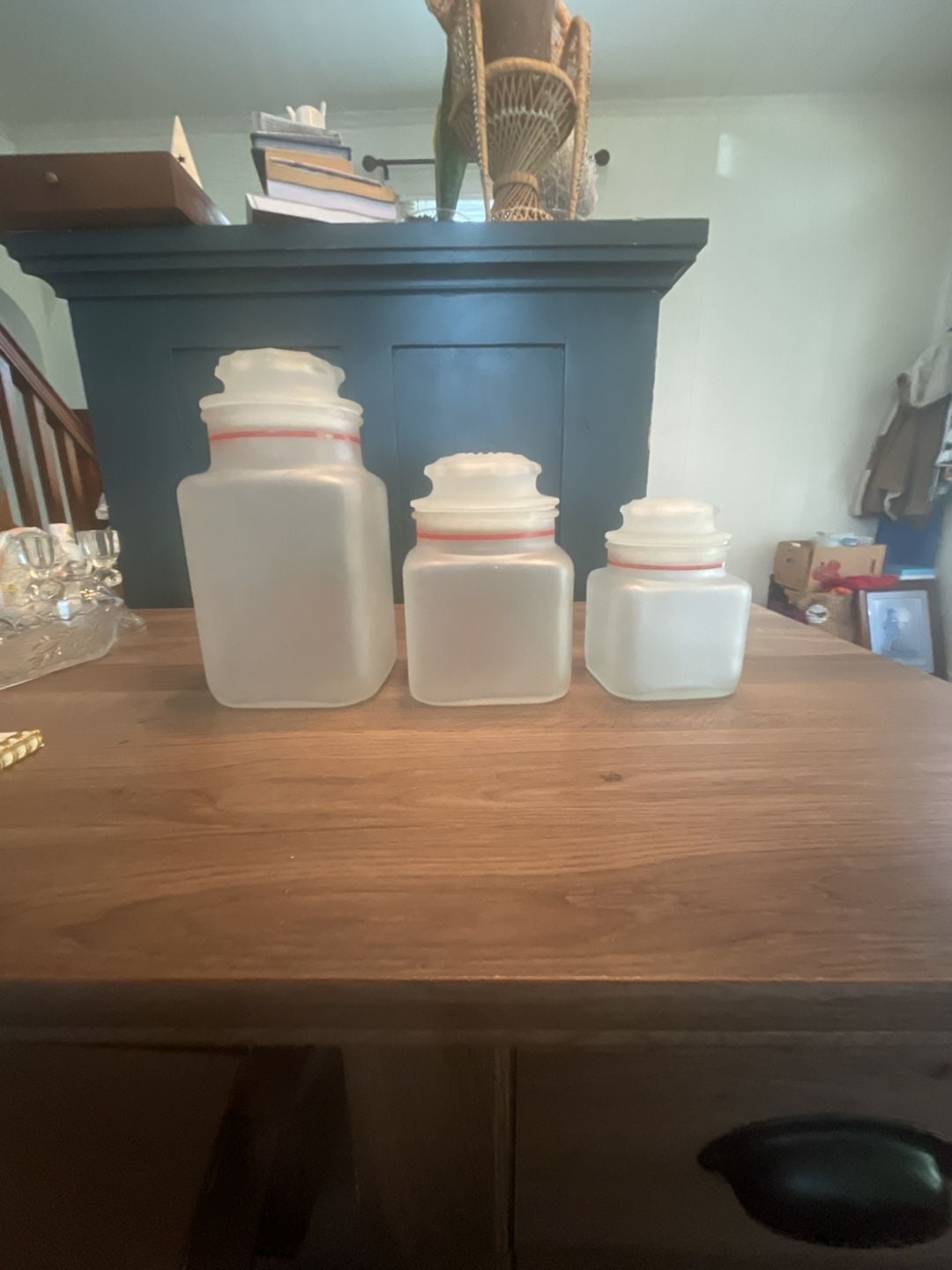 Vintage MCM Anchor Hocking Frosted Strawberry Canister Set of 3 Glass Kitchen Storage Jars 3