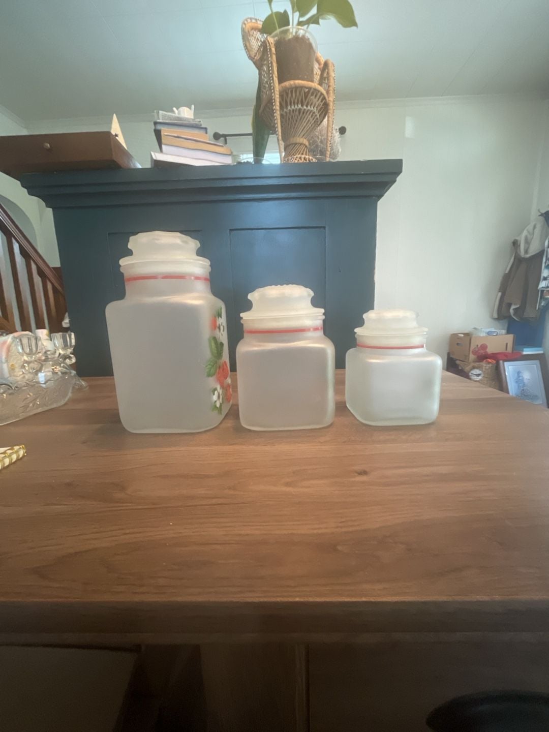 Vintage MCM Anchor Hocking Frosted Strawberry Canister Set of 3 Glass Kitchen Storage Jars 4