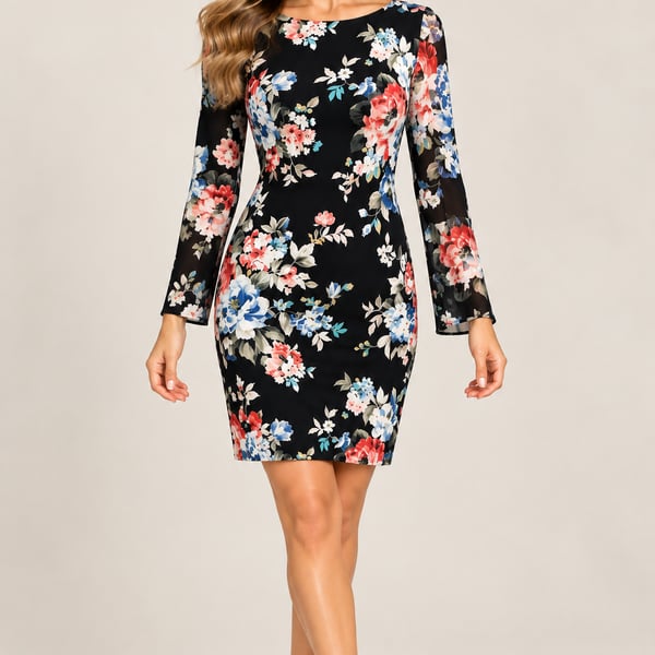 Abstract Print 3/4 Sleeve Keyhole Neck Bodycon Dress Size Large