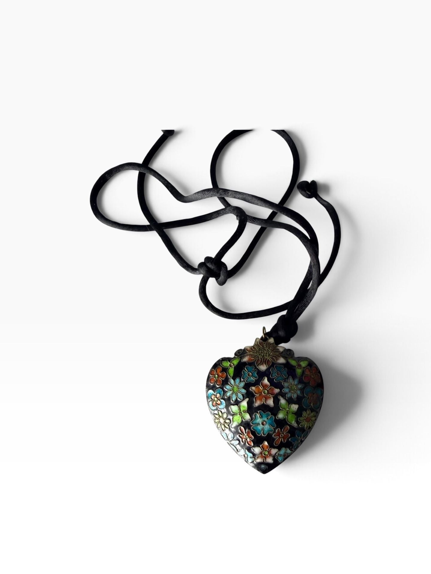 Vintage Cloisonne Enamel Puffy Heart Necklace Blue Flower Pendant Reversible 2