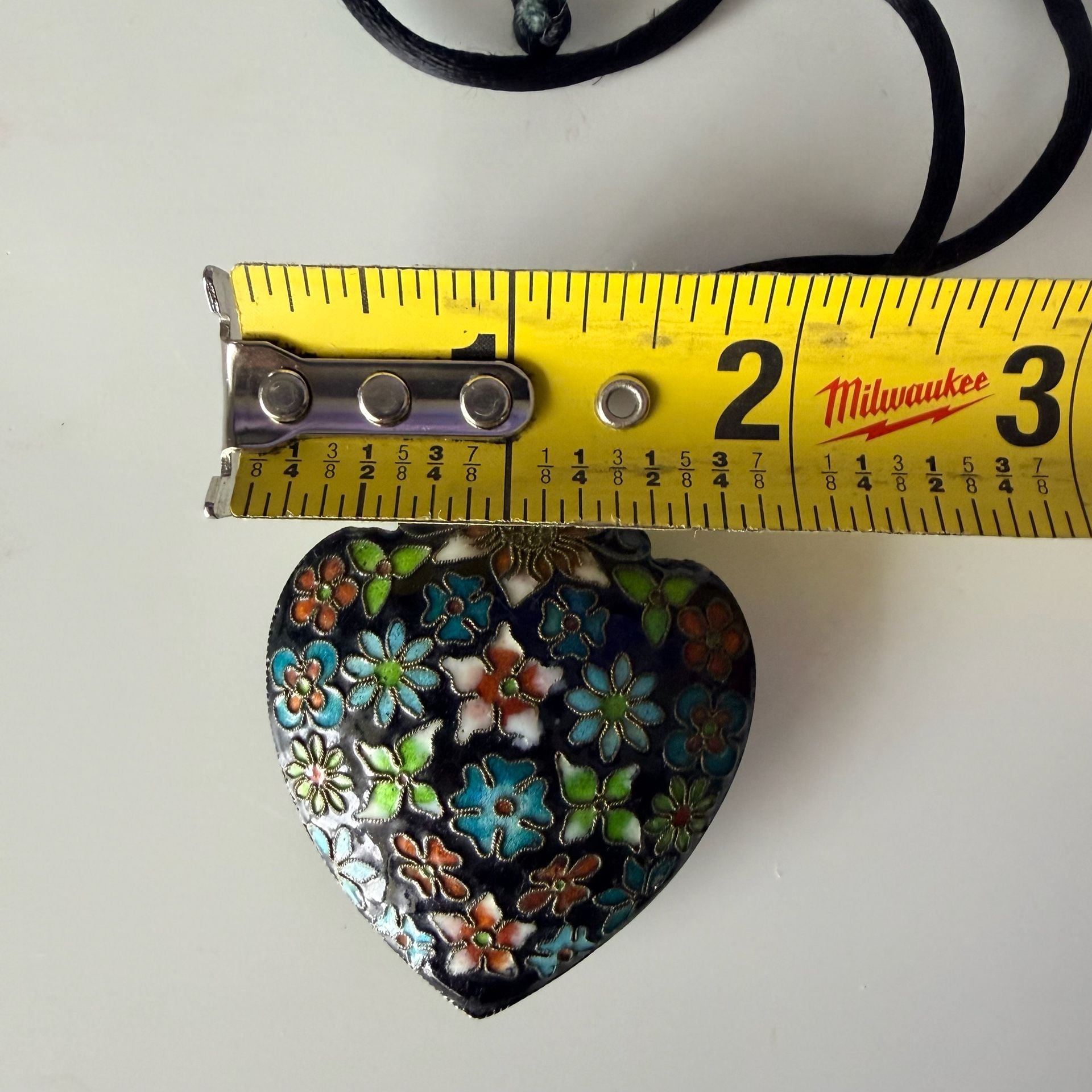 Vintage Cloisonne Enamel Puffy Heart Necklace Blue Flower Pendant Reversible 6