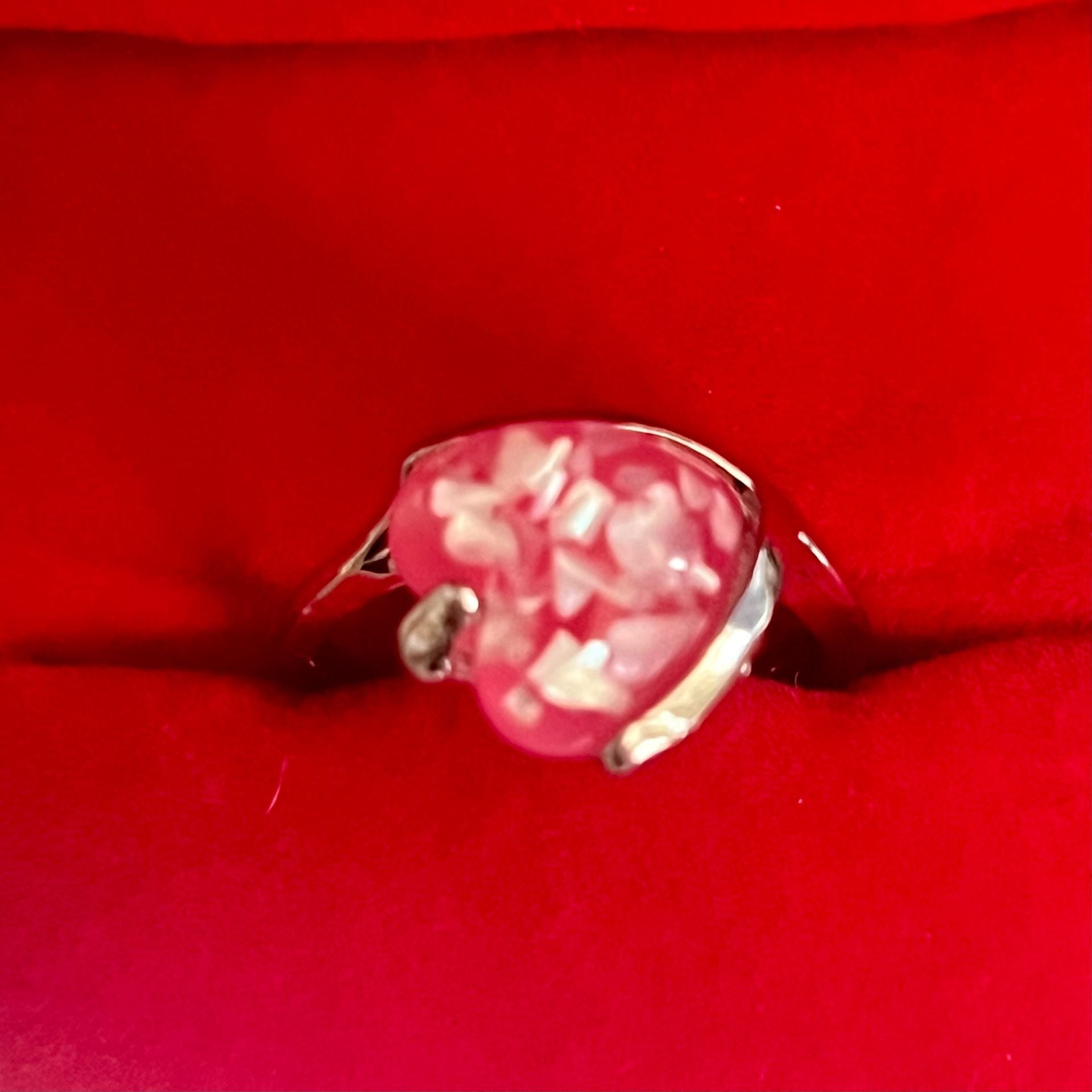 Pink Heart Ring Silver Tone Lucite Confetti Stone Size 9 1