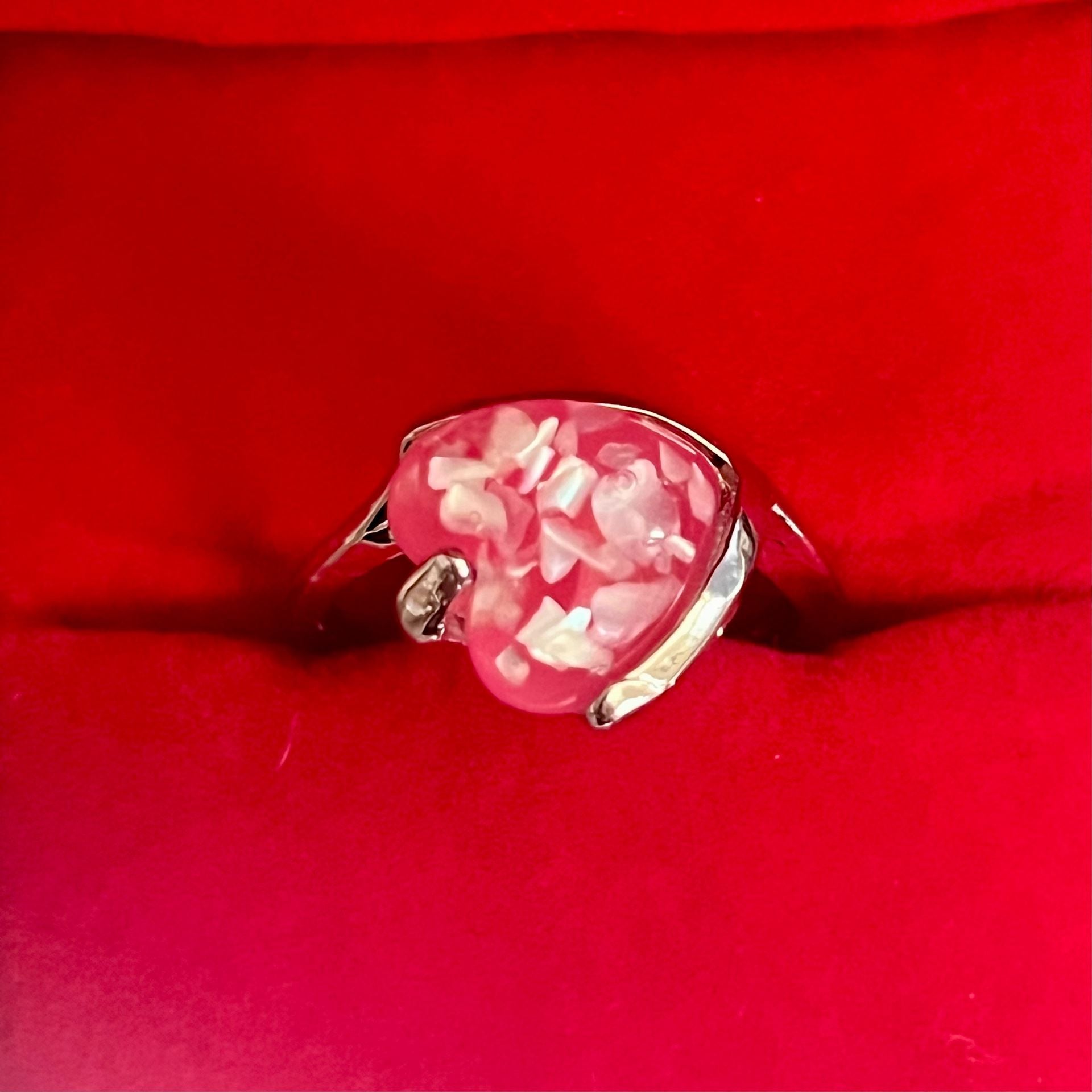 Pink Heart Ring Silver Tone Lucite Confetti Stone Size 9 2