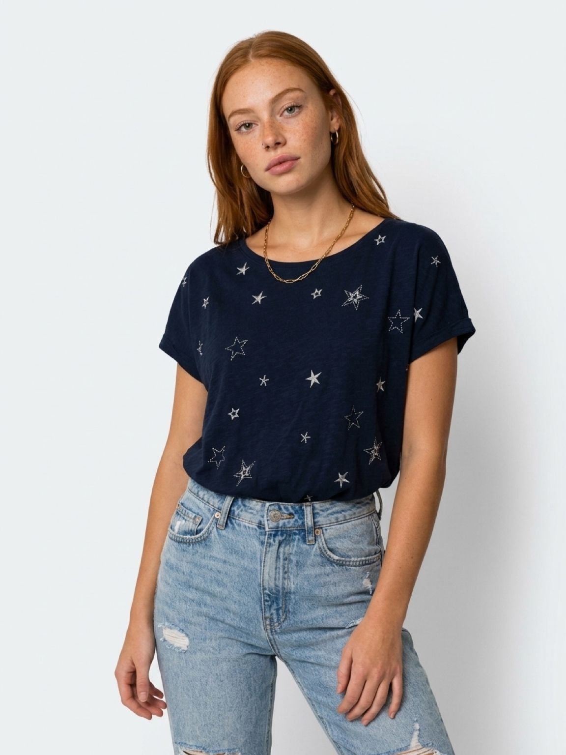 Lucky Brand Star Embroidered Top Size L Navy Blue Short Sleeve Tee 2