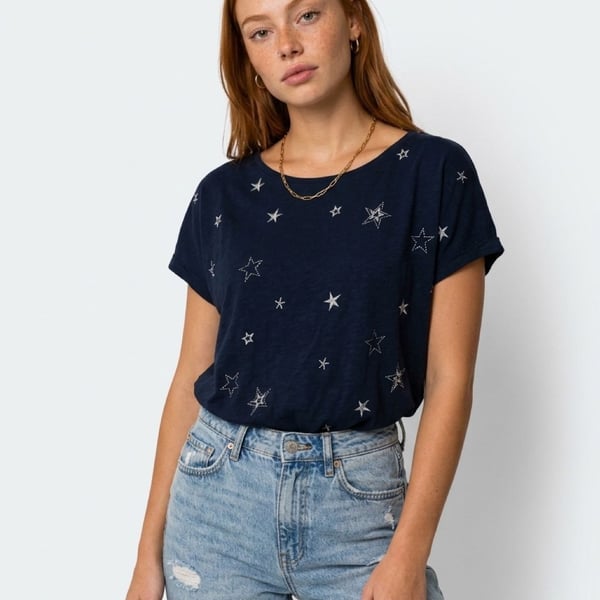 Lucky Brand Star Embroidered Top Size L Navy Blue Short Sleeve Tee