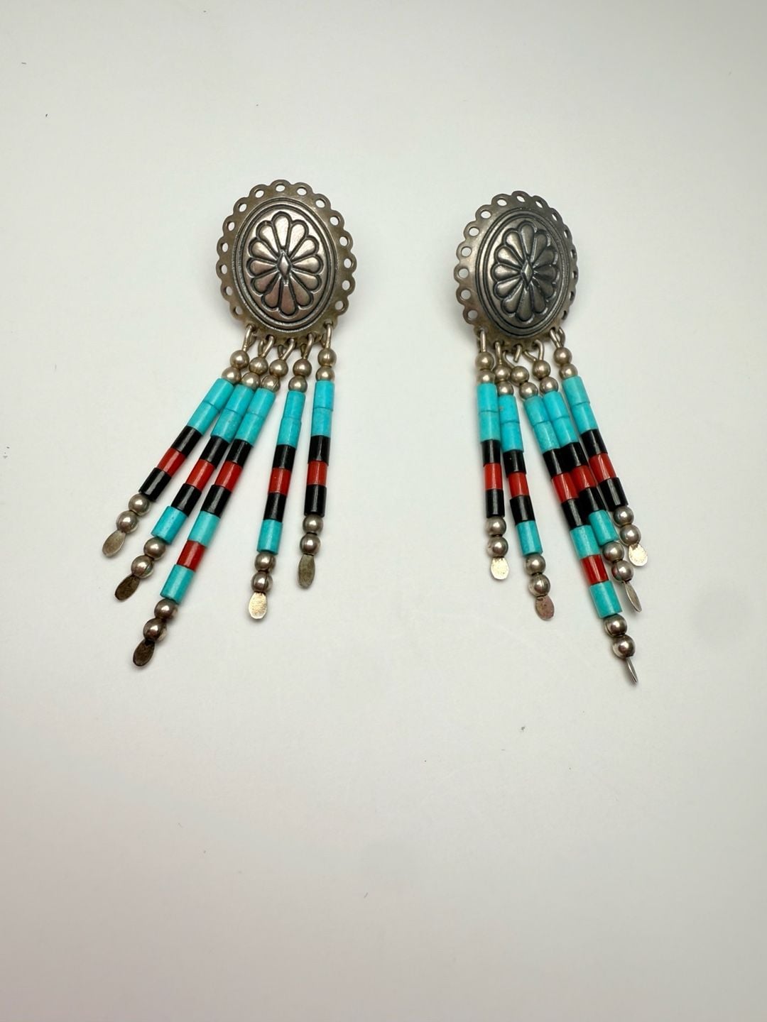 QT Vintage Southwestern Sterling Concho Multi Stone Dangle Earrings 2