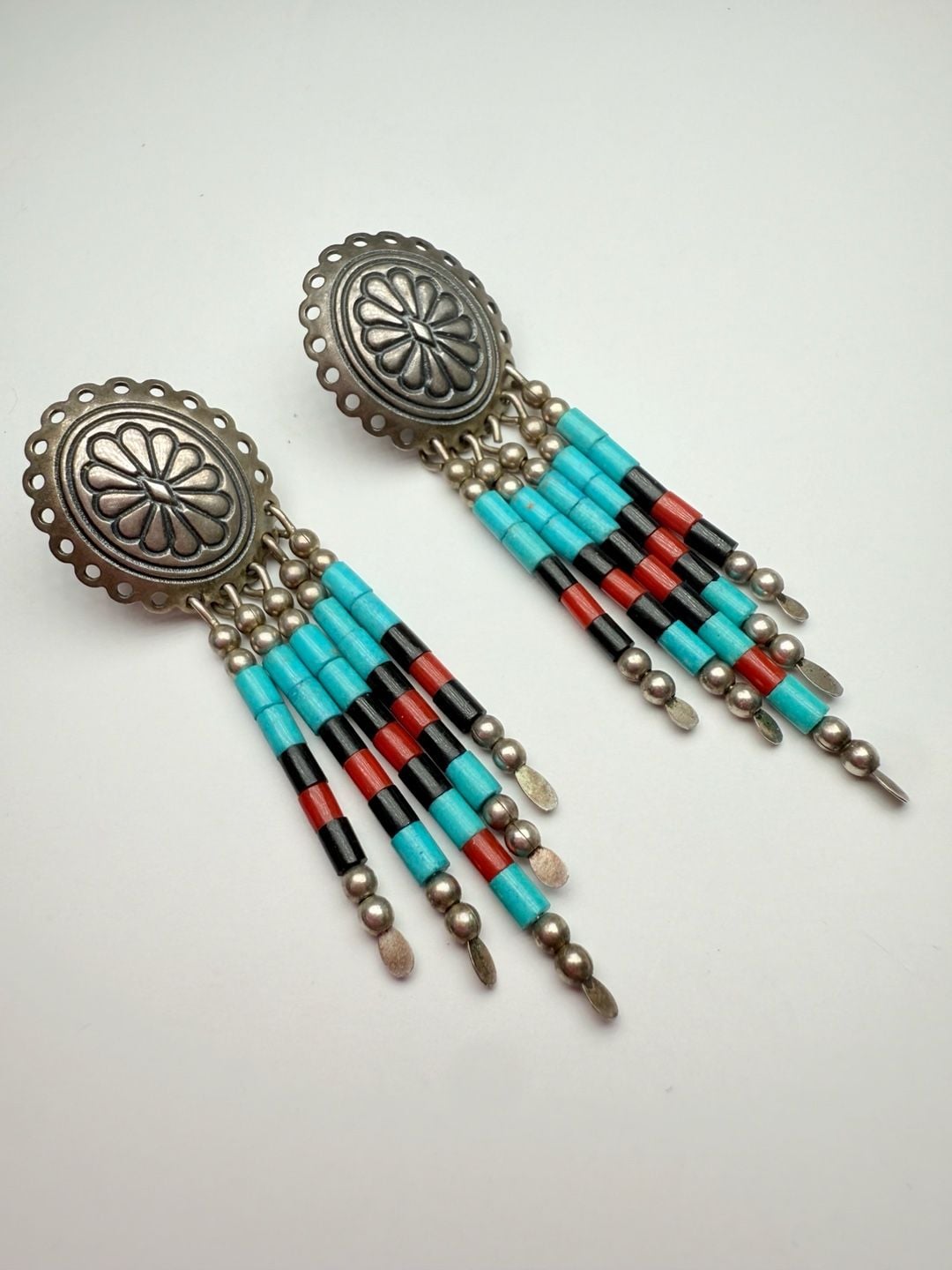 QT Vintage Southwestern Sterling Concho Multi Stone Dangle Earrings 3