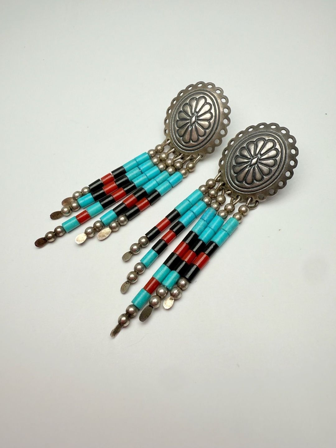 QT Vintage Southwestern Sterling Concho Multi Stone Dangle Earrings 4